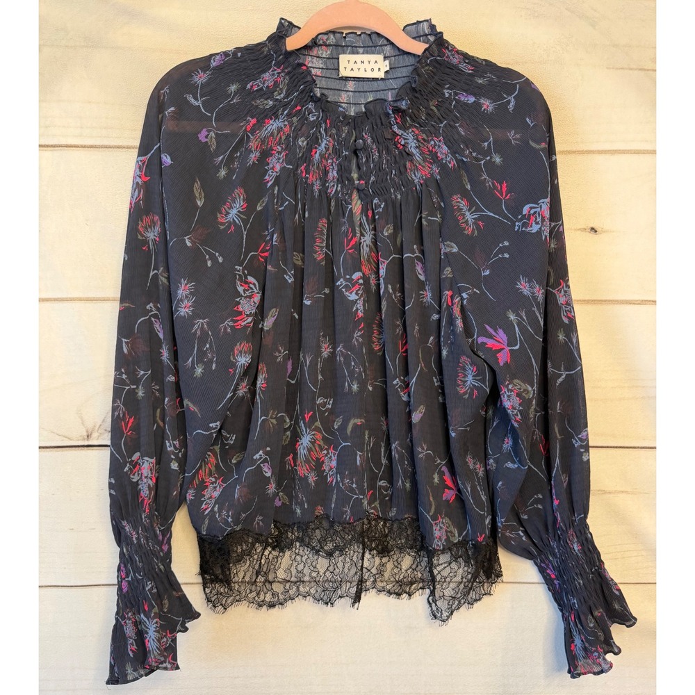 Tanya Taylor Navy Floral Smocked Neck Lace Hem Blouse Womens Size 6